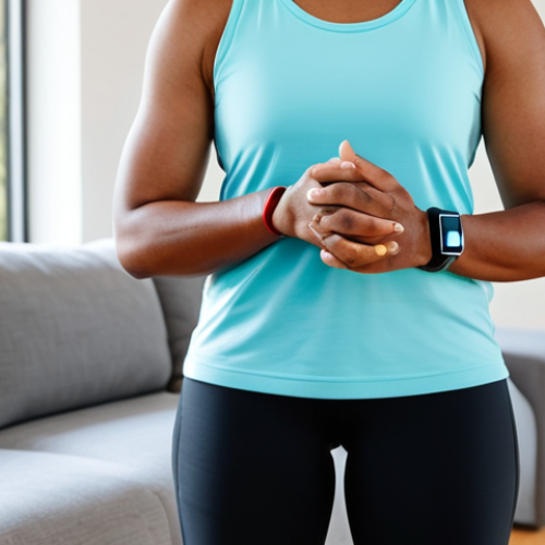 Home 8 **Image Prompt 1: Daily Achievement & Well-being**
A diverse adult individual, fully clothed in modest, comfortable athletic wear, is standing in a bright, modern living room. An Apple Watch is clearly visible on their wrist, displaying vibrant, closed activity rings, symbolizing achieved daily fitness goals. The individual is gently stretching with a serene expression, conveying a sense of accomplishment and well-being. The scene is well-lit, emphasizing a clean and positive atmosphere. This image features perfect anatomy, correct proportions, well-formed hands, and a natural pose. It is safe for work, appropriate content, family-friendly, fully clothed, with professional photography and high quality.