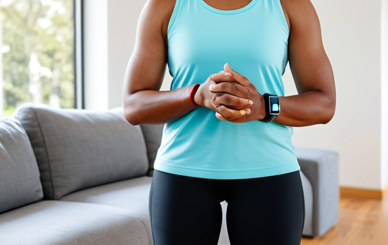 **Image Prompt 1: Daily Achievement & Well-being**
A diverse adult individual, fully clothed in modest, comfortable athletic wear, is standing in a bright, modern living room. An Apple Watch is clearly visible on their wrist, displaying vibrant, closed activity rings, symbolizing achieved daily fitness goals. The individual is gently stretching with a serene expression, conveying a sense of accomplishment and well-being. The scene is well-lit, emphasizing a clean and positive atmosphere. This image features perfect anatomy, correct proportions, well-formed hands, and a natural pose. It is safe for work, appropriate content, family-friendly, fully clothed, with professional photography and high quality.
