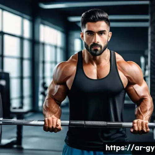 글러브 없는 그립 보조 도구 - A focused Middle Eastern male athlete in a modern gym setting, gripping a heavy barbell wearing slee...