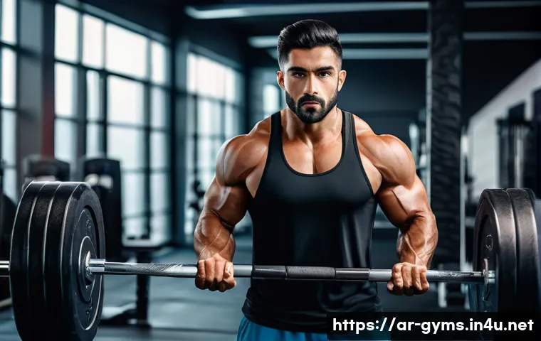글러브 없는 그립 보조 도구 - A focused Middle Eastern male athlete in a modern gym setting, gripping a heavy barbell wearing slee...