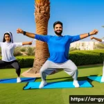 야외용 휴대 운동기구 베스트5 - A diverse group of Arabic men and women exercising outdoors in a sunny park setting, using lightweig...