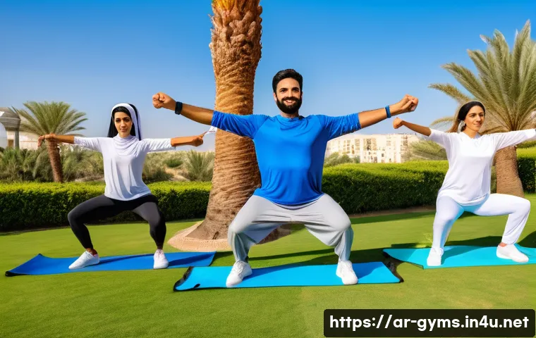 야외용 휴대 운동기구 베스트5 - A diverse group of Arabic men and women exercising outdoors in a sunny park setting, using lightweig...
