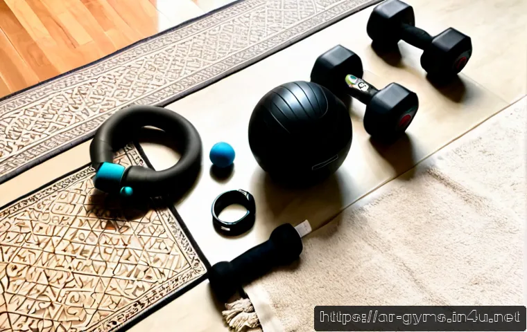휴대용 운동기구 TOP10 - Photorealistic top-down flat lay of ten distinct portable fitness tools neatly arranged on a warm be...