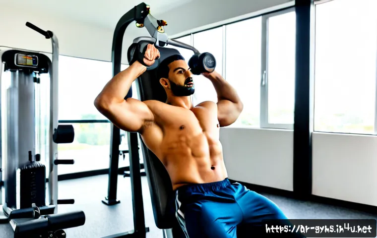 어깨 강화용 숄더프레스 머신 종류 - Photorealistic modern gym scene featuring a seated shoulder press machine, an Arab adult man in mode...