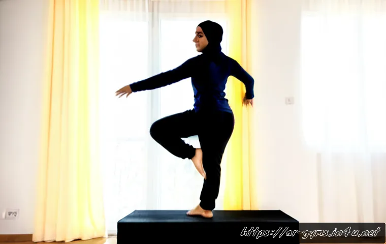 Home 17 스텝박스 운동 루틴 - Photorealistic fitness scene of a Middle Eastern woman in modest long-sleeve activewear and sports h...